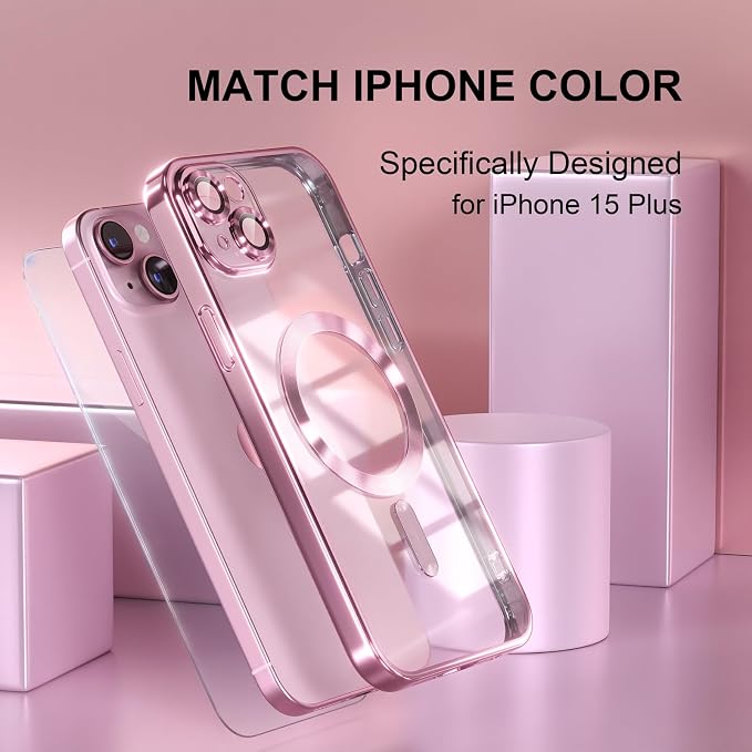 Misea Magnetic for iPhone 15 Plus Case Compatible with MagSafe [Never Yellowing] [Military Grade Drop Protection] Full Camera Lens Protector Plating Soft Clear Phone Case for Women, Pink