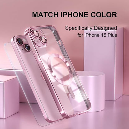Misea Magnetic for iPhone 15 Case Compatible with MagSafe [Never Yellowing] [Military Grade Drop Protection] Full Camera Lens Protector Plating Soft Clear Phone Case for Women, Pink