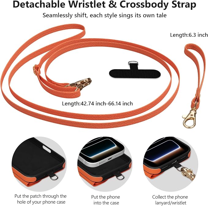 Keallce Case for iPhone 17 Pro Max 6.9" Crossbody Wallet Case, Lanyards & Wrist Straps with Phone Tabs, Flip Case with RFID Blocking 4 Card Holder Slots Kickstand, Protective Cover for Women, Orange