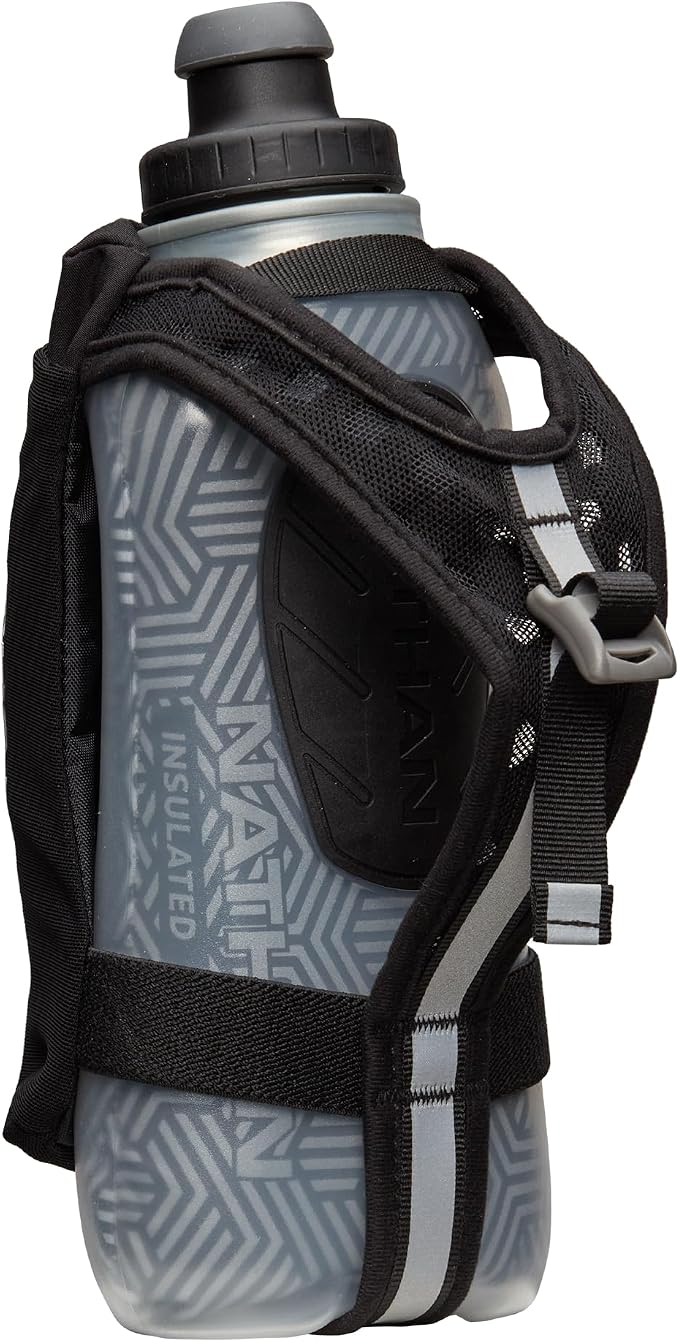 Nathan SpeedDraw 2 Insulated Handheld Running Water Bottle Flask – Double-Wall Insulation, Ergonomic Grip, Blast Valve Cap, Phone & Key Storage Pockets, Reflective Design - 18oz Insulated - Black