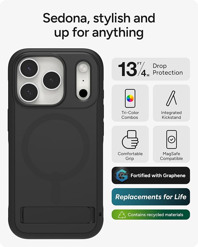 ZAGG Sedona Snap Case with Kickstand for iPhone 17 Pro - Pitch Black, Drop Protection (13ft/4m), Multi-Layer Protection, with Camera Button, MagSafe Phone Case with Impact-Absorbing Bumpers