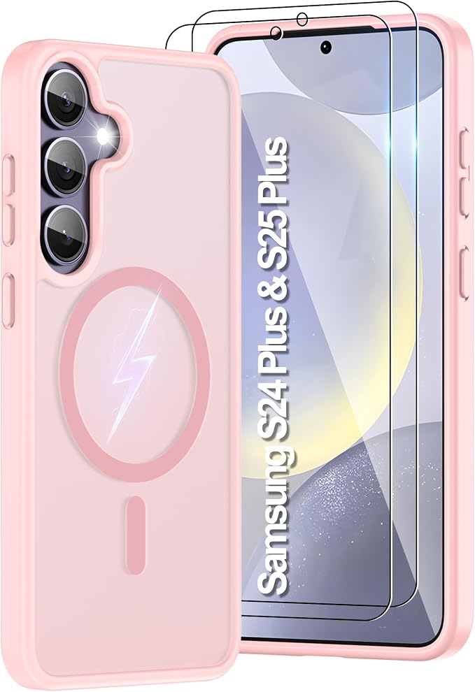 For Samsung Galaxy S24 Plus Case & S25 Plus Case [Compatible with Magsafe] Translucent Matte Magnetic,Slim Thin Duty Shockproof with 2pc Screen Protector Protection Case for S24 Plus/S25 Plus-Pink