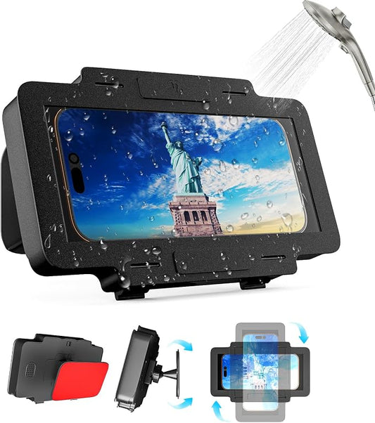 Waterproof Phone Holder for Shower, [Shower Phone Mount] with IPX6 Rating & Anti-Fog Screen, 360° Rotatable [Waterproof Shower Phone Holder] with Strong Suction for iPhone Android 4-7 Inch (Black)