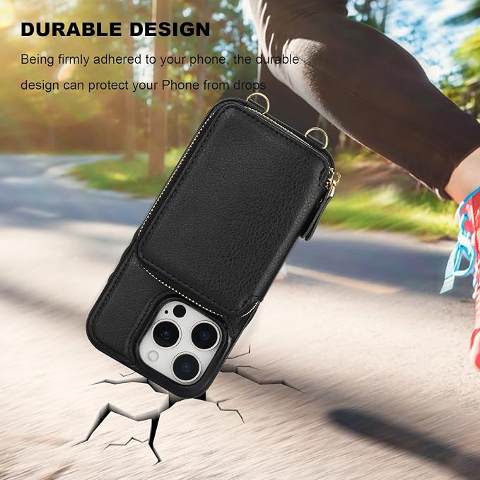 Bocasal RFID Blocking Wallet Case for iPhone 16 Pro, Adjustable Crossbody Zipper Purse Case Card Holder with Kickstand Detachable Wrist Strap, PU Leather Flip Folio Case 6.3 Inch 5G (Black)