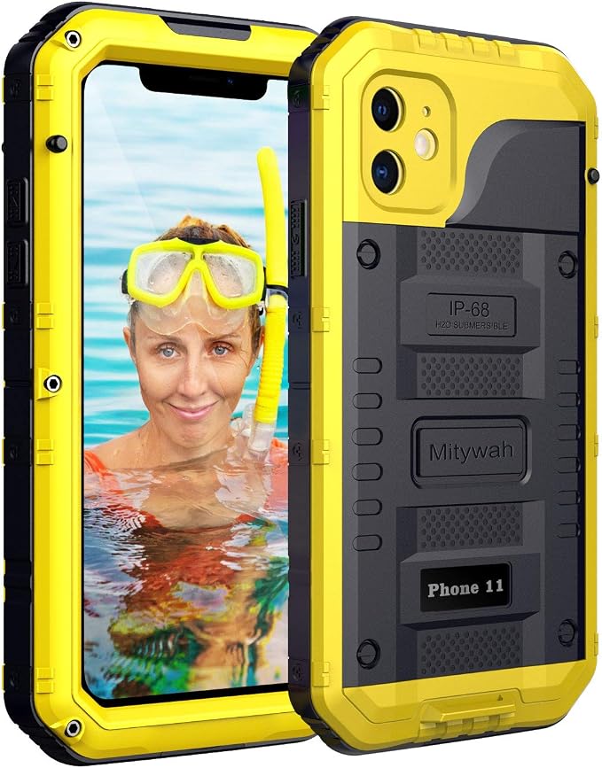 Mitywah Waterproof Case for iPhone 11, Heavy Duty Military Grade Shockproof Cover Built-in Screen Protection, Metal Case Full Body Dustproof Strong Rugged Thick for iPhone 11, Yellow