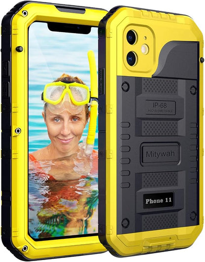Mitywah Waterproof Case for iPhone 11, Heavy Duty Military Grade Shockproof Cover Built-in Screen Protection, Metal Case Full Body Dustproof Strong Rugged Thick for iPhone 11, Yellow