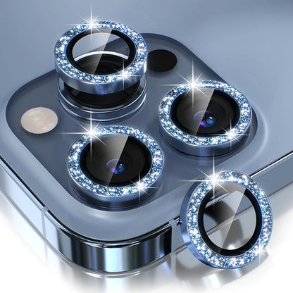 Choiche Compatible for iPhone 13 Pro/iPhone 13 Pro Max Camera Lens Protector Bling, 9H Tempered Glass Camera Cover Screen Protector Metal Ring Decoration Accessories (Glitter-Sierra Blue)