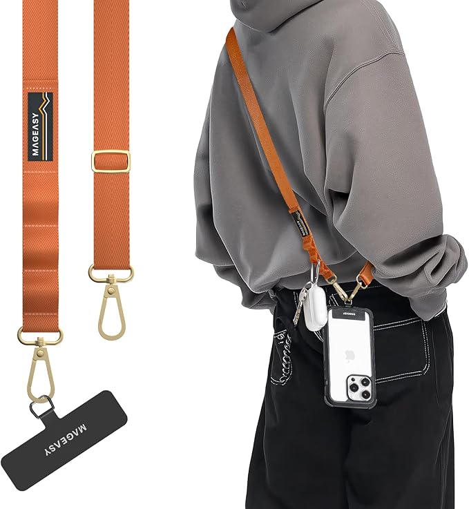 MAGEASY Universal Cell Phone Lanyard Crossbody - Anti-Theft Crossbody Phone Strap for iPhone 16 Pro Max & Most Smartphones, for Men & Women | 20mm (Orange)