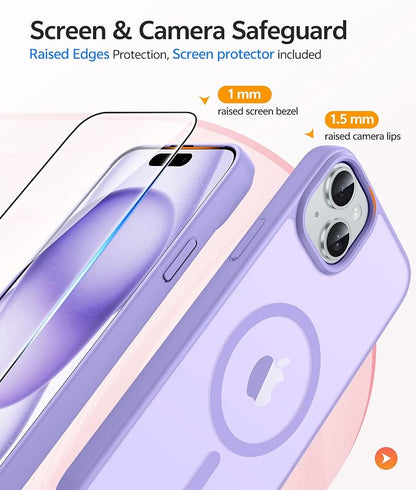 FNTCASE for iPhone 15 Case: for iPhone 14 Case & iPhone 13 Case [Compatible with Magsafe] Translucent Matte Cases with [Screen Protector] Military Grade Shockproof Protective Phone Cover - LightPurple