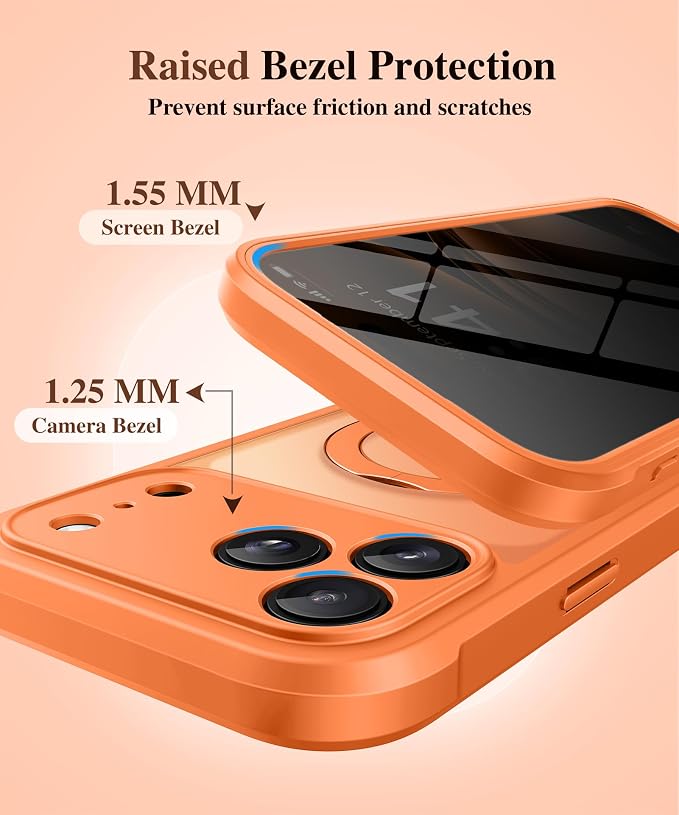 BERFY for iPhone 17 Pro Case, Compatible with MagSafe, Built in Privacy Screen Protector, Shockproof Full Body Phone Case for 17 Pro with Magnetic Stand, Translucent Orange