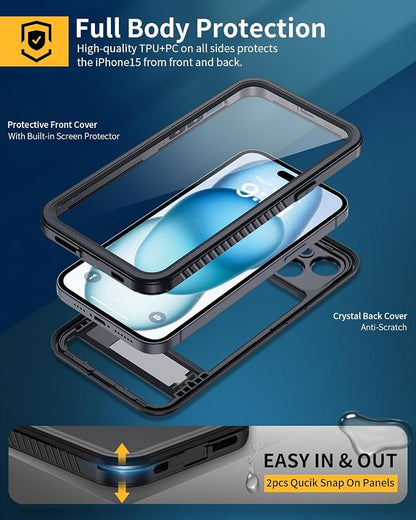 Lanhiem for iPhone 15 Case with Kickstand, IP68 Waterproof Dustproof Built-in Screen Protector, Full Body Shockproof Protective Front and Back Cover for iPhone 15, 6.1 Inch (Black)