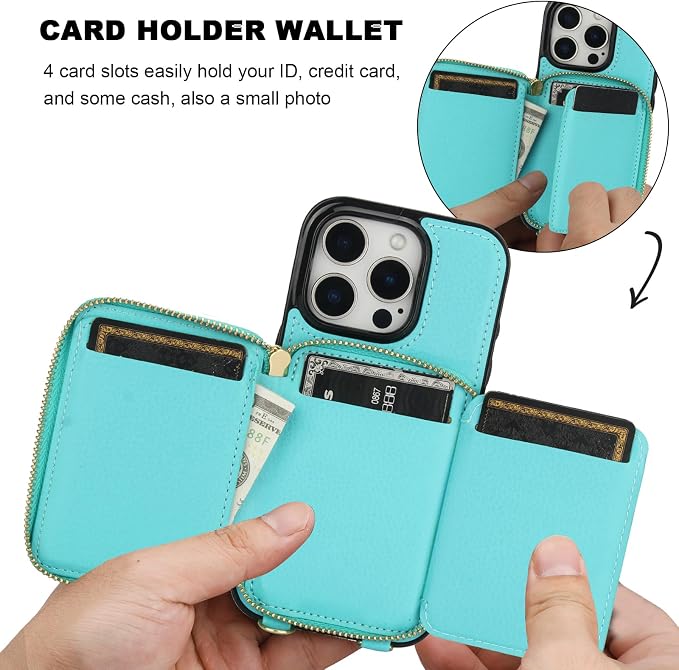 Bocasal RFID Blocking Wallet Case for iPhone 16 Pro, Adjustable Crossbody Zipper Purse Case Card Holder with Kickstand Detachable Wrist Strap, PU Leather Flip Folio Case 6.3 Inch 5G (Mint Green)
