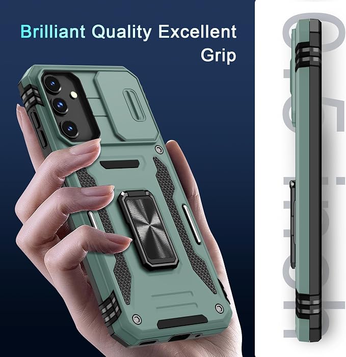 DEERLAMN Case for Samsung Galaxy A16 5G with Slide Camera Cover+Screen Protector (1 Pack), Rotated Ring Kickstand Military Grade Shockproof Protective Cover-Green