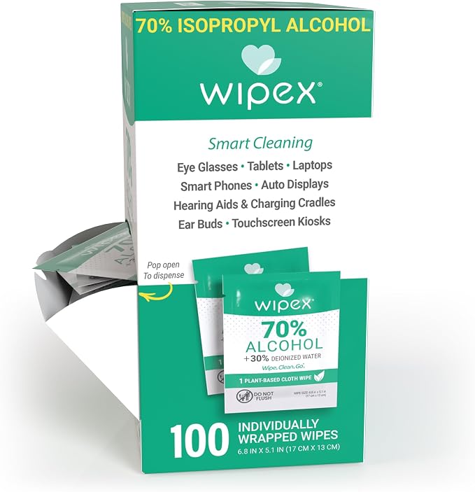 Wipex 70% Isopropyl Alcohol Wipes Individually Wrapped Sachets, Large Electronic wipes in Dispensing Box, Alcohol Prep Wipes, Screen Wipes & Tech Wipes for Sanitizing 100 Count (Pack of 2)