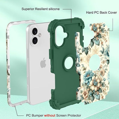 Hocase for iPhone 17 Case 6.3", Heavy Duty Shockproof Protection Soft Silicone Rubber+Hard Plastic Bumpers Hybrid Protective Case for iPhone 17 2025 - Teal Blue Flowers