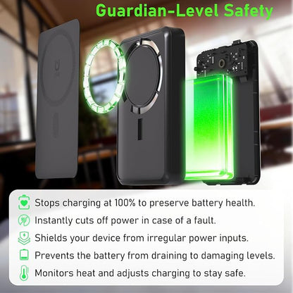 Magnetic Power Bank 10000mAh, 4-in-1 Portable Charger with Built-in USB-C/Lightning Cable Foldable Stand, 15W Fast Charging Wireless Battery Pack for Samsung, Android, iPhone, Travel Essential