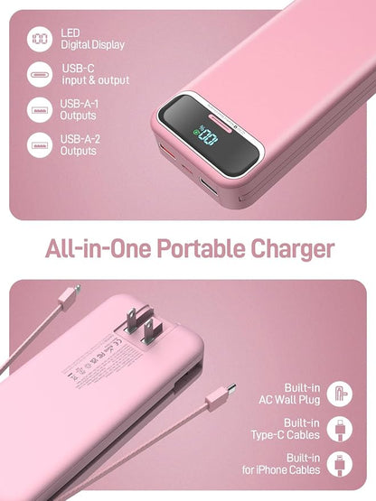 Nusyddy Portable Charger 20000mAh 22.5W w/Built-in Cables & Wall Plug Pink | 22.5W Fast Charging, High Capacity, LED Display, Charge 5 Devices at once, TSA Approved, Compatible with iPhone/iPad/Samsung