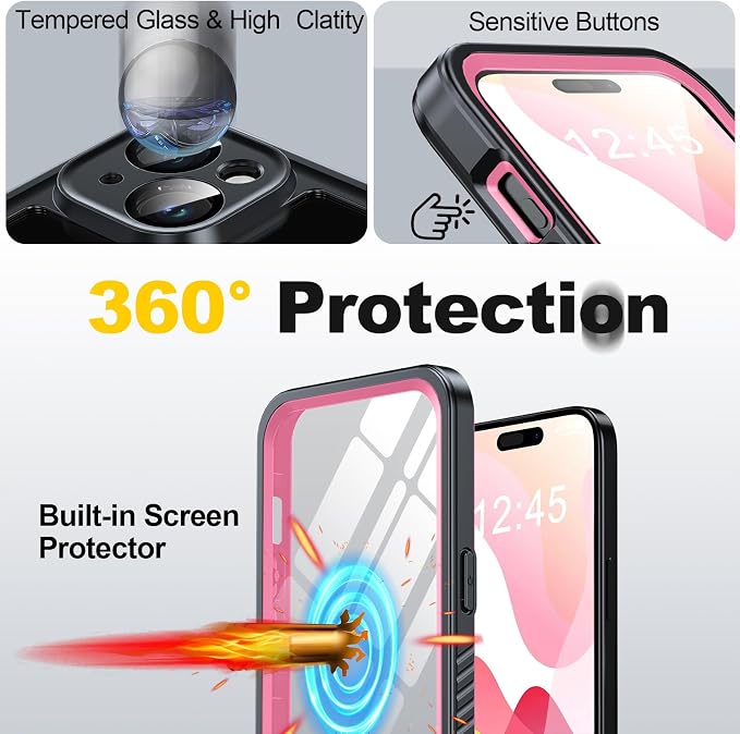 for iPhone 15 Case Waterproof - Built-in Privacy Screen Protector & HD Screen Protector [IP68 Underwater] Shockproof Dustproof Full Body Protection iPhone 15 Phone Case Pink