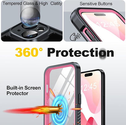 for iPhone 15 Case Waterproof - Built-in Privacy Screen Protector & HD Screen Protector [IP68 Underwater] Shockproof Dustproof Full Body Protection iPhone 15 Phone Case Pink