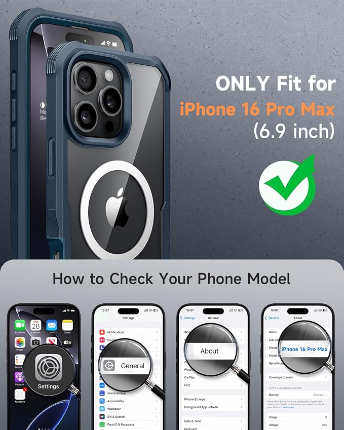 seacosmo for iPhone 16 Pro Max Case, Full Body Bumper with Built-in 9H Tempered Glass Screen and Camera Lens Protector, Compatible with MagSafe, Shockproof 16 Pro Max Phone Case, 6.9", Blue