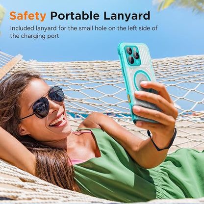 WIFORT for iPhone 16 Pro Max Waterproof Case, [IP68 Underwater] [Blue Light Filter Lens] [15FT Military Shockproof], Fit for Magsafe Full Body Magnetic Frosted Phone Case with Lanyard, 6.9" Teal
