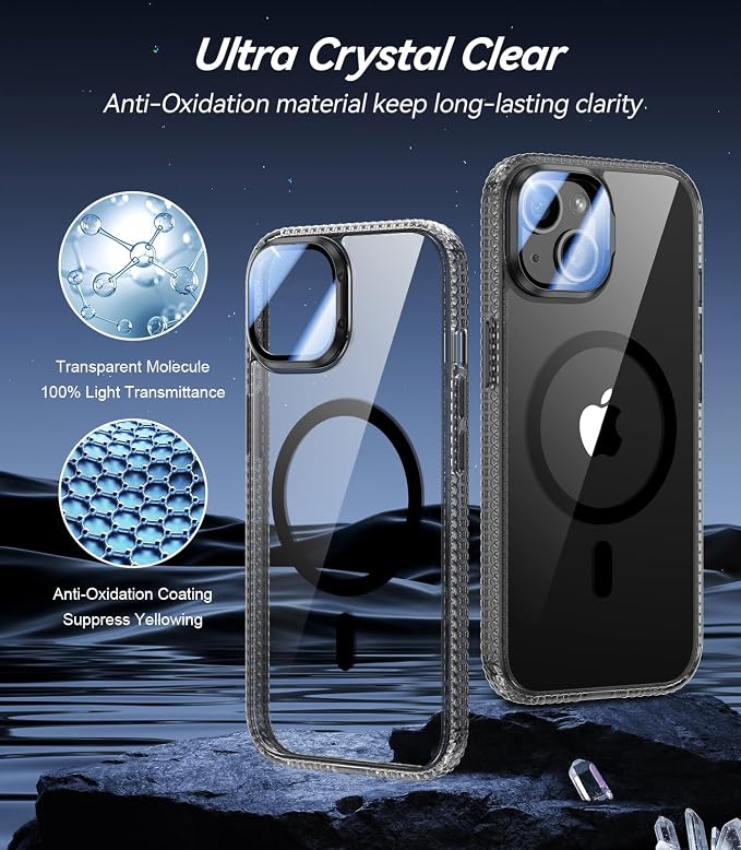 [Upgraded] for iPhone 15 Case with Camera Cover Stand [Fit for MagSafe][9H Camera Lens Protector] Mil-Grade Protection Transparent Magnetic iPhone 15 Phone Case, Clear Black