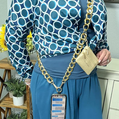Save the Girls Clip and Go Double Link Chain (Gold - Gold Pouch) – Stylish Phone Lanyard Crossbody with Wallet for Women, Hands-Free Carrying and Adjustable Crossbody Chain Strap