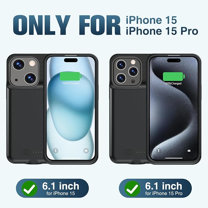 GIN FOXI Battery Case for iPhone 15 Pro/15, Rechargeable Case 15W Fast Charging Charger Real 7000mAh Ultra-Slim Anti-Fall Protection Extended Charger for iPhone 15 &15 Pro Black