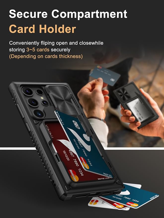 Vihibii for Samsung Galaxy S23 Ultra Case with Crossbody Lanyard Strap, Build-in Card Holder (4 Cards) & Sliding Camera Cover & Kickstand, Shockproof Rugged Hard Back & TPU Edge Wallet Case, Black