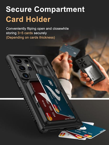 Vihibii for Samsung Galaxy S23 Ultra Case with Crossbody Lanyard Strap, Build-in Card Holder (4 Cards) & Sliding Camera Cover & Kickstand, Shockproof Rugged Hard Back & TPU Edge Wallet Case, Black