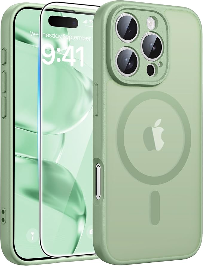 FNTCASE for iPhone 16 Pro Case: [Compatible with Magsafe] Translucent Matte Cases with [Full Camera Protection] [Screen Protector] Military Grade Shockproof Protective Phone Cover - Light Moss