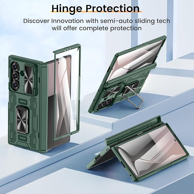 VEGO Case for Z Fold 7 with Rotating Kickstand & Hinge Protectior, Green | Built-inScreen Protector & Slide Camera Cover Anti-Fall Protective Military Grade Shockproof Hard Case for Samsung Fold7