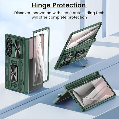 VEGO Case for Z Fold 7 with Rotating Kickstand & Hinge Protectior, Green | Built-inScreen Protector & Slide Camera Cover Anti-Fall Protective Military Grade Shockproof Hard Case for Samsung Fold7