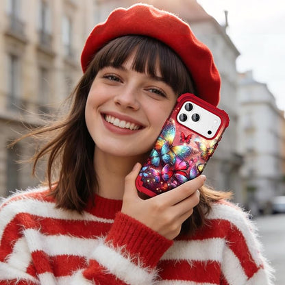 Hocase for iPhone 17 Pro Case 6.3", Heavy Duty Shockproof Protection Soft Silicone Rubber+Hard Plastic Bumpers Hybrid Protective Case for iPhone 17 Pro 2025 - Shimmering Butterflies in Red