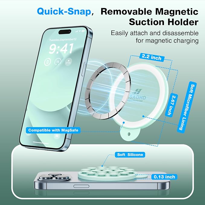 Magnetic Suction Cup Phone Mount, Compatible with MagSafe, Silicone Octo Cup Buddy Sticky Grip Holder for iPhone and Android, Removable Hands-Free Selfie/Video for TikTok, Mint Green