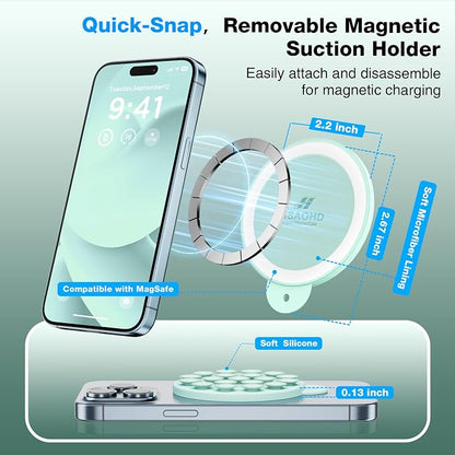 Magnetic Suction Cup Phone Mount, Compatible with MagSafe, Silicone Octo Cup Buddy Sticky Grip Holder for iPhone and Android, Removable Hands-Free Selfie/Video for TikTok, Mint Green