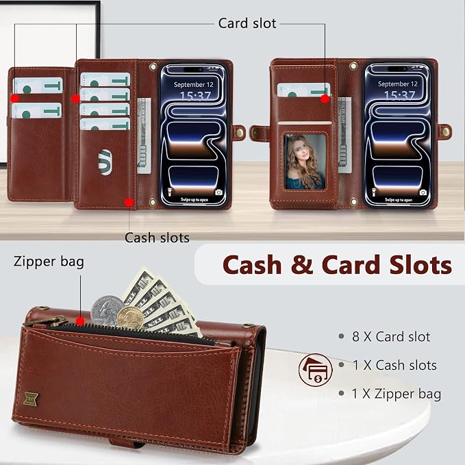 Wallet Case for iPhone 17 Pro with Card Holder/Crossbody Wallet/Strap,[RFID Blocking][Magnetic] PU Leather Phone Case for iPhone 17 Pro,6.3 in,Brown