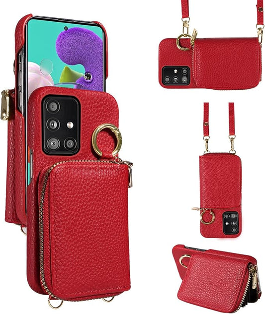 Wallet Case for Samsung Galaxy A51 5G/A 51 5G UW Verizon & Shoulder Strap Ring Buckle PU Leather Zipper Flip Organ Purse Credit Card Holder Stand Full Body Cell Phone Cover for 51A G5 S51 Red