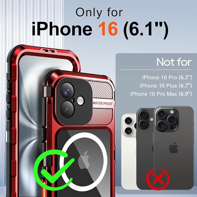 WIFORT for iPhone 16 Waterproof Case - Metal Heavy Duty [Built-in Screen Protector] [14FT Military Shockproof] [Fit for MagSafe], IP68 Full Body Rugged Water Proof Magnetic Cover, 6.1" Red