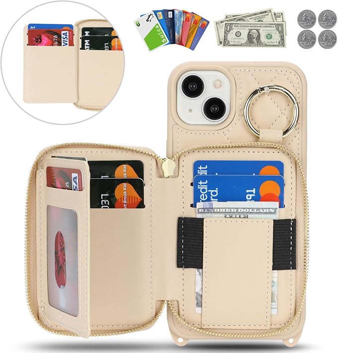 Crossbody Wallet Case for iPhone 14 Plus, PU Leather Zipper Handbag Purse Flip Cover, Kickstand Folio Case with Card Slots Holder Wrist Strap Lanyard 5G 6.7 Inch-White