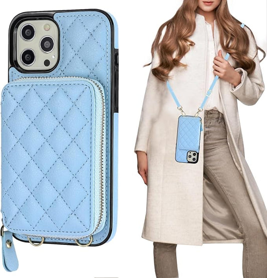 Bocasal Crossbody Wallet Case for iPhone 12 Pro Max, RFID Blocking PU Leather Zipper Handbag Purse Flip Cover, Kickstand Folio Case with Card Slots Holder Wrist Strap Lanyard 5G 6.7 Inch (Blue)