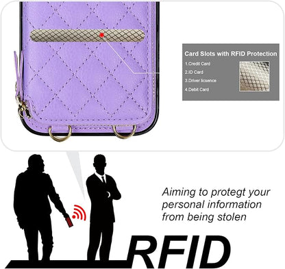 Bocasal Crossbody Wallet Case for iPhone 12 Pro Max, RFID Blocking PU Leather Zipper Handbag Purse Flip Cover, Kickstand Folio Case with Card Slots Holder Wrist Strap Lanyard 5G 6.7 Inch (Purple)