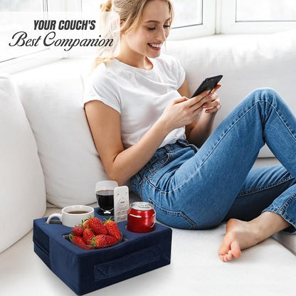 STBoo Couch Cup Holder Pillow - Sofa Drink Cup Holder Cozy Buddy | Bed Caddy Organizer Holds Remote, Snacks, Phones | Waterproof Anti-Spill Sofa Beverage Tray for Car, Pack, Beach, RV, Boat (Navy)