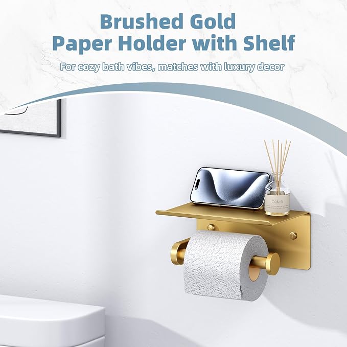 APLusee Brushed Gold Toilet Paper Holder with Shelf, 304 Stainless Steel Wall Mounted Compact Bathroom Tissue Hanger
