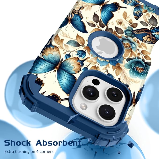 Hocase for iPhone 16 Pro Case 6.3", Heavy Duty Shockproof Protection Soft Silicone Rubber+Hard Plastic Bumpers Hybrid Protective Case for iPhone 16 Pro 2024 - Blue Butterflies