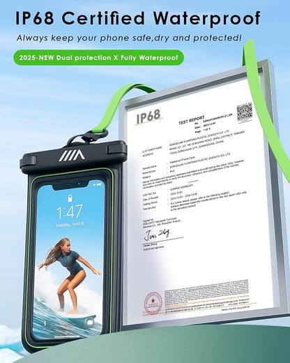 【2025 Upgraded】4 Pack Black - IP68 Waterproof Phone Pouch Floating Design No Sink Waterproof Phone Case - Beach Pool Travel Essentials - Works w/ All Phones - Detachable Lanyard - Black/Hi-Vis Green