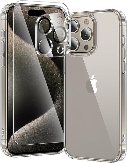 3 in 1 for iPhone 15 Pro Case Clear,[Yellowing-Resistant Acrylic Back] Screen Protector *1 & Camera Lens Protector*1, Shockproof for iPhone 15 Pro Phone Case 6.1 inch Clear
