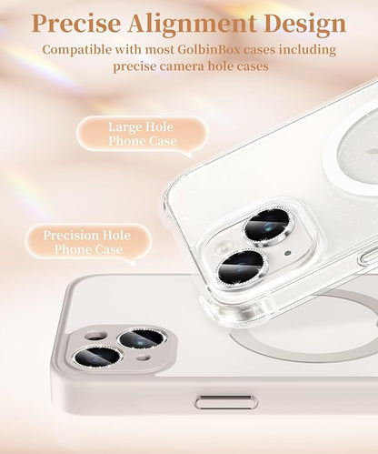 GolbinBox Camera Lens Protector for iPhone 14/14 Plus, 1:1 Invisible Fit, 9H Tempered Glass Ultra HD Metal Individual Camera Cover for Women, Case Friendly, Bling/Silver