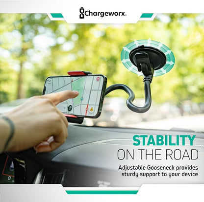 CHARGEWORX Adjustable Windshield Phone Mount for Cars, 14.75” Flexible Gooseneck Cell Phone Holder with Suction Cup, Anti-Slip Clamp Grip, 360-Degree Rotation for iPhone & Samsung