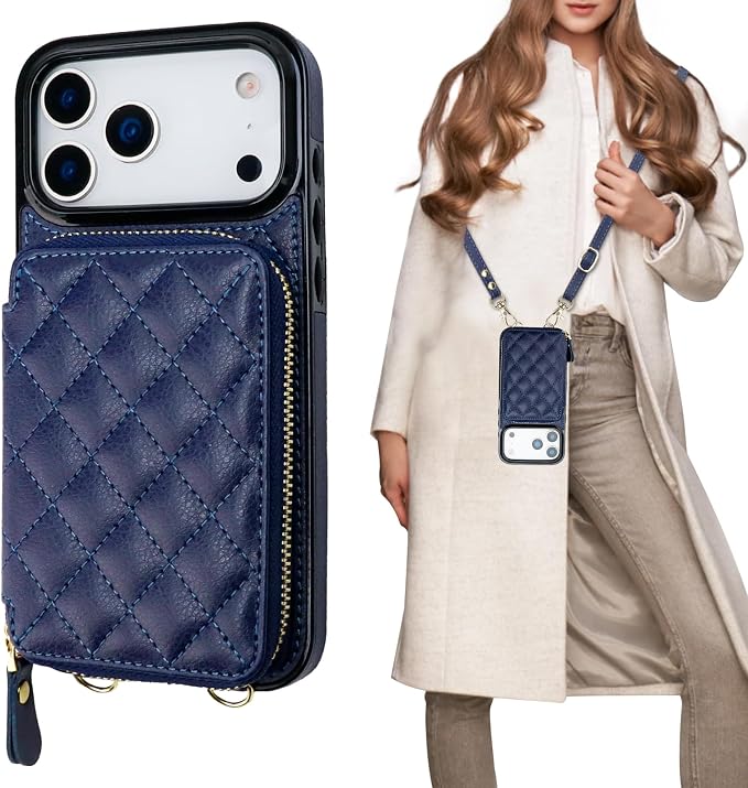 Bocasal Crossbody Wallet Case for iPhone 17 Pro Max, RFID Blocking PU Leather Zipper Handbag Purse Flip Cover, Kickstand Folio Case with Card Slots Holder Wrist Strap Lanyard 5G 6.9 Inch (Dark Blue)